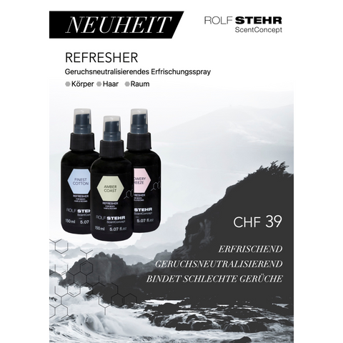 Display Rückwandbild, zweiseitig "Neuheit: Refresher for Body, Hair & Rooms"