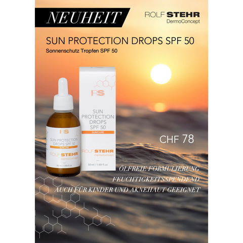 Display Rückwandbild, zweiseitig "Neuheit: Sun Protection Drops SPF 50"